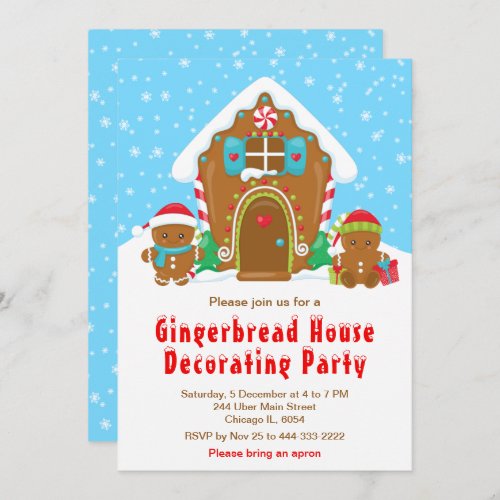 Gingerbread Decorating Party Bright Blue and Red Invitation