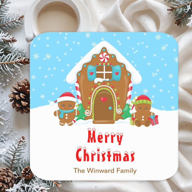 Gingerbread Decorating Party Bright Blue and Red Square Paper Coaster (Creator Uploaded)