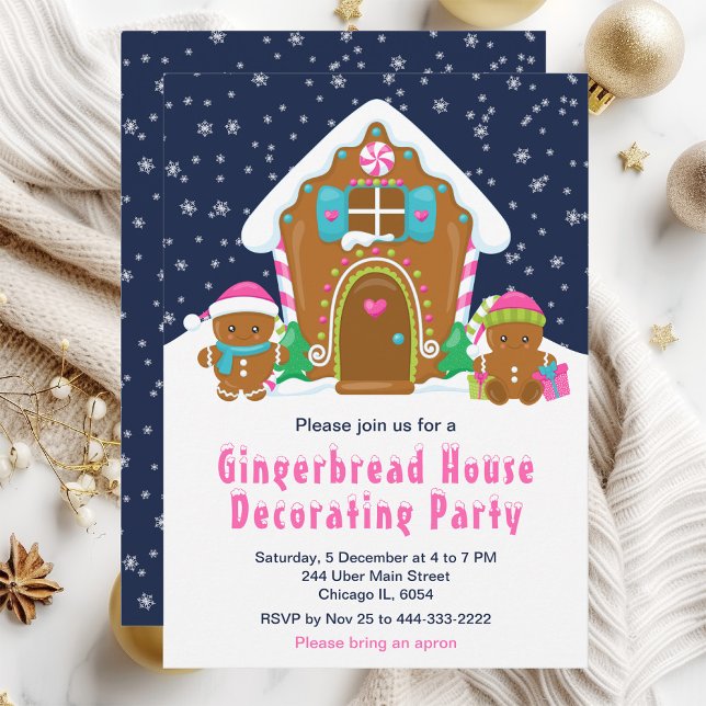 Gingerbread Decorating Party Navy Blue and Pink Invitation (Creator Uploaded)