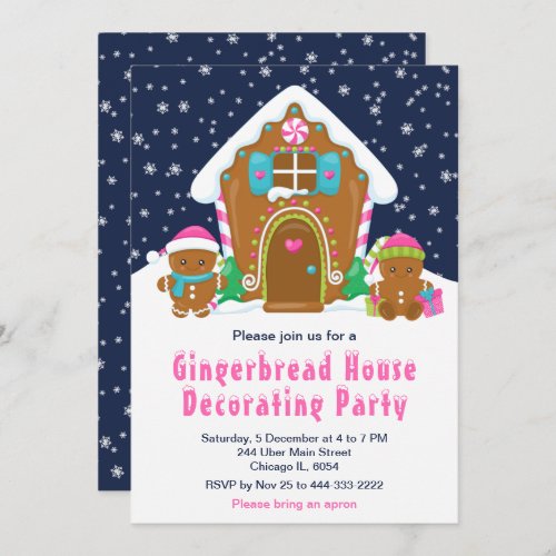 Gingerbread Decorating Party Navy Blue and Pink Invitation