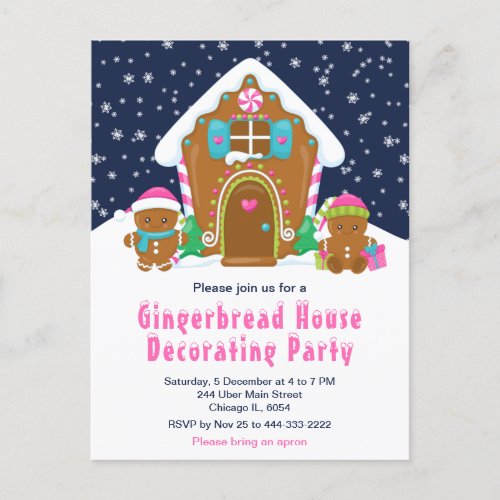 Gingerbread Decorating Party Navy Blue and Pink Postcard