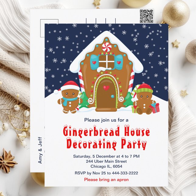 Gingerbread Decorating Party Navy Blue and Red Postcard (Creator Uploaded)