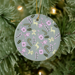 Gingerbread Deer Candycane Greenery Christmas Ceramic Ornament