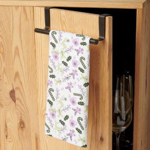 Gingerbread Deer Candycane Treats Christmas Pink Kitchen Towel