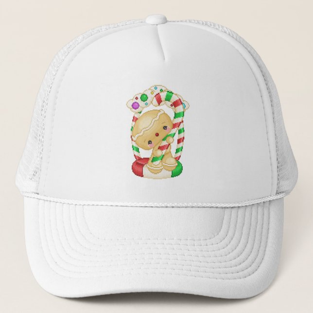Gingerbread Doll Peppermint Pixel Art Trucker Hat (Front)