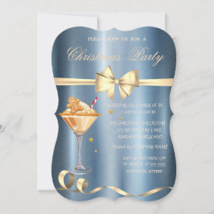 Gingerbread Drink Bow Blue Metallic Christmas Invitation