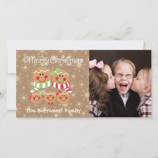 Gingerbread Faces Family of 5 Photo Christmas Card (Front)