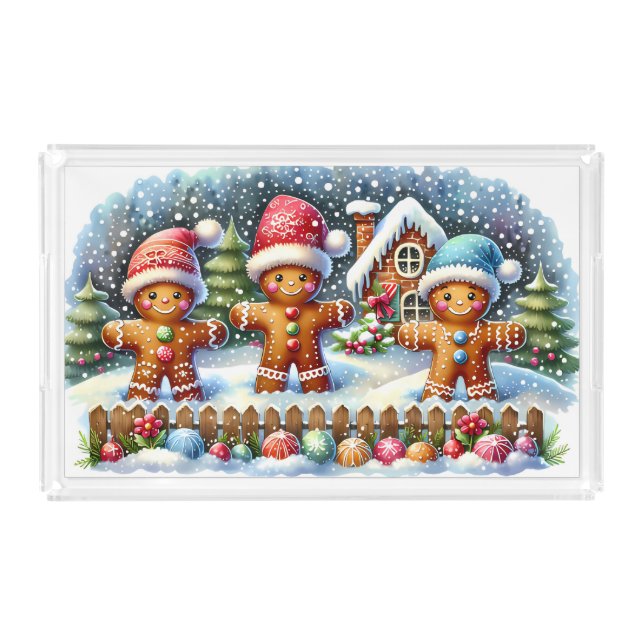 Gingerbread Family Snowy Christmas Scene Acrylic Tray (Front)
