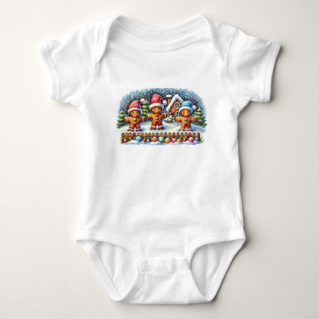 Gingerbread Family Snowy Christmas Scene Baby Bodysuit (Front)