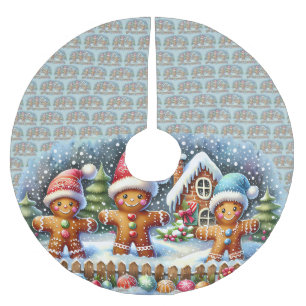 Gingerbread Family Snowy Christmas Scene Brushed Polyester Tree Skirt