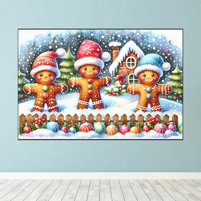 Gingerbread Family Snowy Christmas Scene Canvas Print (Insitu(Wood Floor))