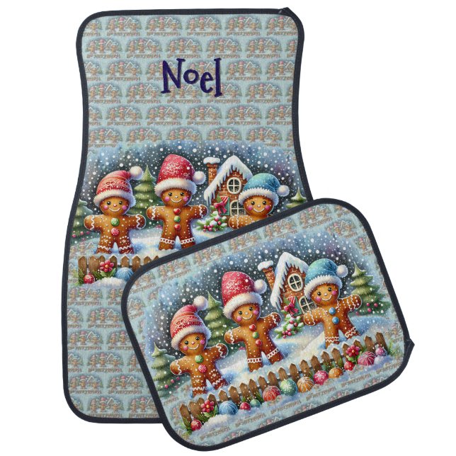 Gingerbread Family Snowy Christmas Scene Car Floor Mat (Set)
