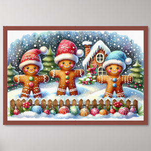 Gingerbread Family Snowy Christmas Scene Framed Art