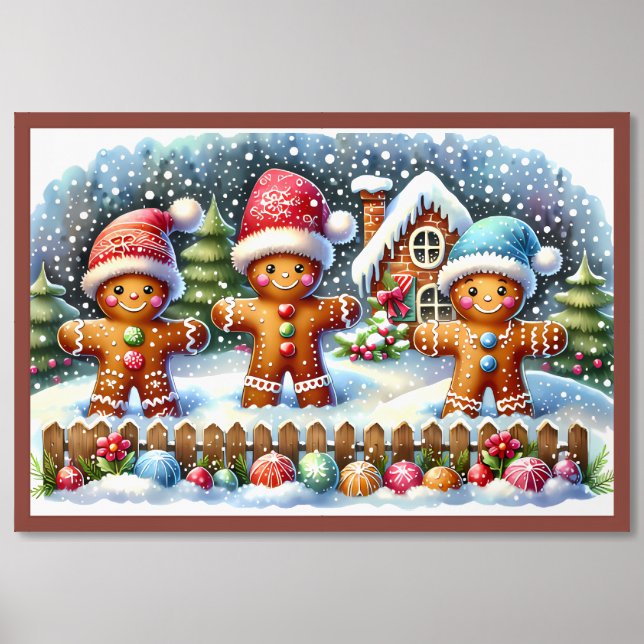 Gingerbread Family Snowy Christmas Scene Framed Art (Framed Front)