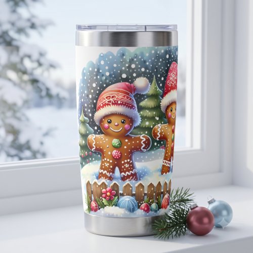 Gingerbread Family Snowy Christmas Scene Insulated Tumbler