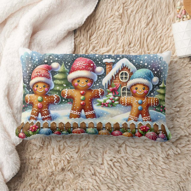 Gingerbread Family Snowy Christmas Scene Lumbar Pillow (Blanket)