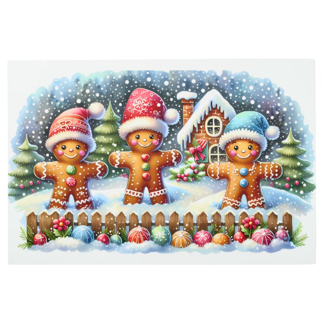 Gingerbread Family Snowy Christmas Scene Metal Print (Front)