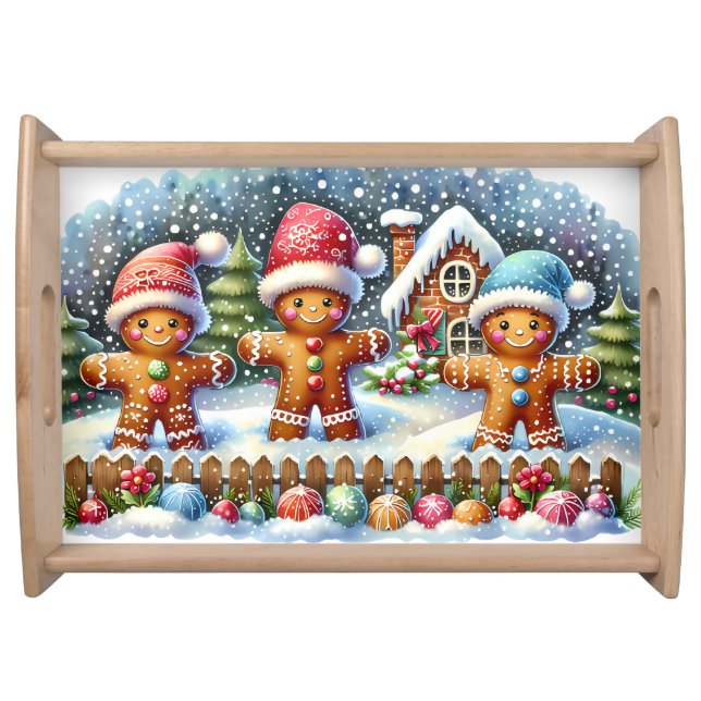 Gingerbread Family Snowy Christmas Scene Serving Tray (Front)