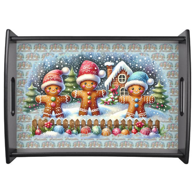 Gingerbread Family Snowy Christmas Scene Serving Tray (Front)