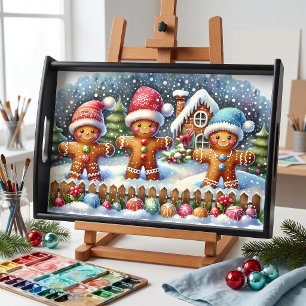 Gingerbread Family Snowy Christmas Scene Serving Tray