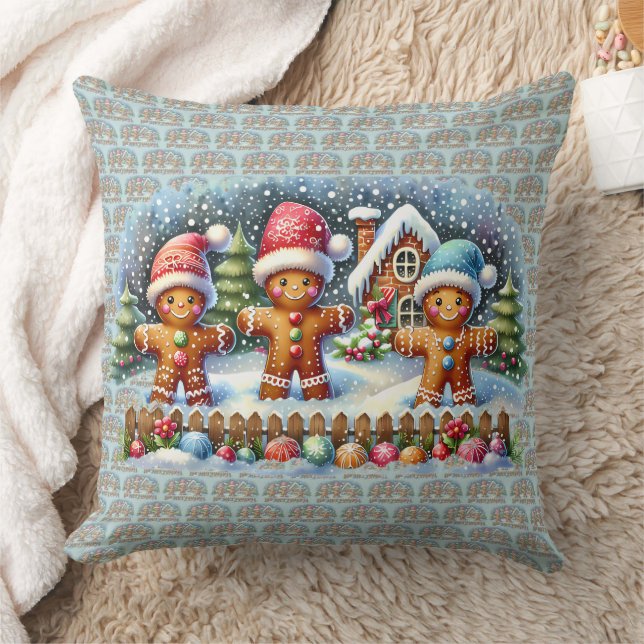 Gingerbread Family Snowy Christmas Scene Throw Pillow (Blanket)