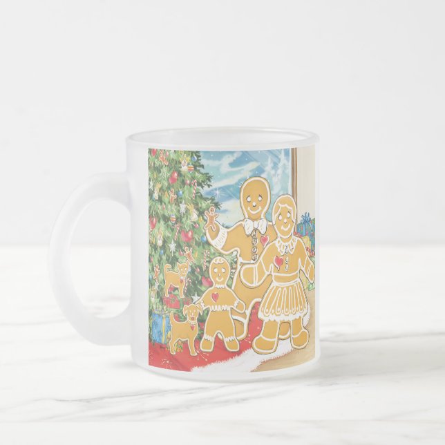 Gingerbread Family With Their Christmas Tree Frosted Glass Coffee Mug (Left)