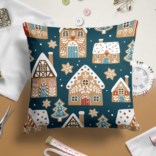 Gingerbread Farm house Christmas Throw Pillow