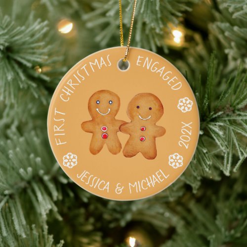 Gingerbread First Christmas Engaged Photo on Back Ceramic Ornament