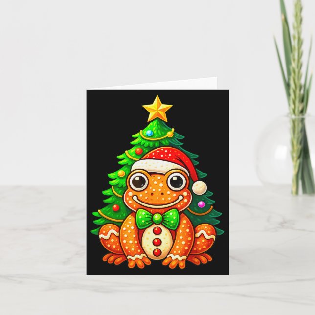 Gingerbread Frog Wearing Santa Hat Christmas Tree  Card (Front)