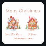 Gingerbread "From Our House" Christmas Square Sticker<br><div class="desc">"From Our House To Yours" is a nice Christmas holiday greeting, especially when you are far from your friends and loved ones and miss them during the winter holidays. Here are two very cute gingerbread houses from our watercolor vintage designs. You can edit the text, including the "Merry Christmas". Be...</div>