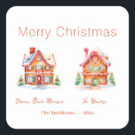 Gingerbread "From Our House" Christmas Square Sticker<br><div class="desc">"From Our House To Yours" is a nice Christmas holiday greeting, especially when you are far from your friends and loved ones and miss them during the winter holidays. Here are two very cute gingerbread houses from our watercolor vintage designs. You can edit the text, including the "Merry Christmas". Be...</div>