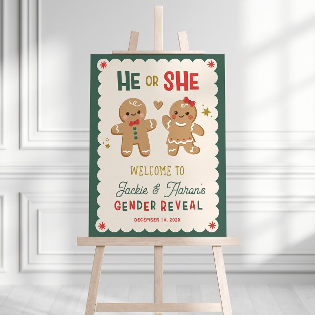 Gingerbread Gender Reveal Welcome sign (gingerbread Christmas gender reveal welcome sign mockup shown on easel display)