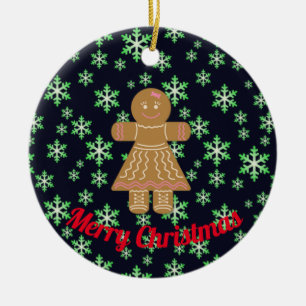 Gingerbread Girl and Green Snowflakes Ceramic Ornament