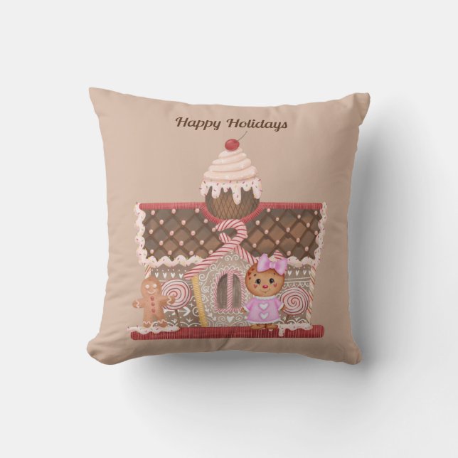 Gingerbread Girl and House  Throw Pillow (Front)