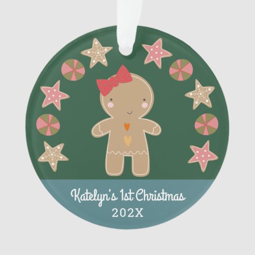 Gingerbread Girl Baby Photo First Christmas Green Ornament