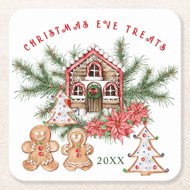 Gingerbread Girl Boy Candy Cane Christmas  Square Paper Coaster (Front)