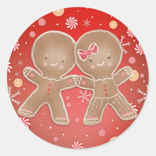 Gingerbread Girl Boy Peppermint Holiday Christmas Classic Round Sticker