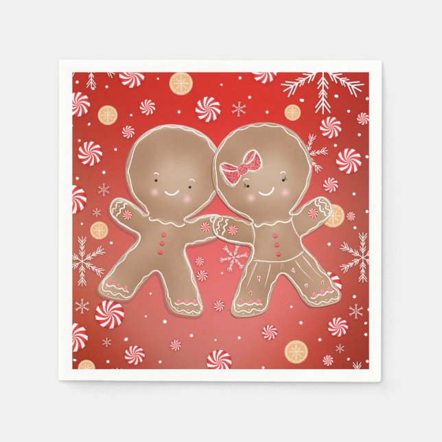 Gingerbread Girl Boy Peppermint Holiday Christmas Napkins (Front)