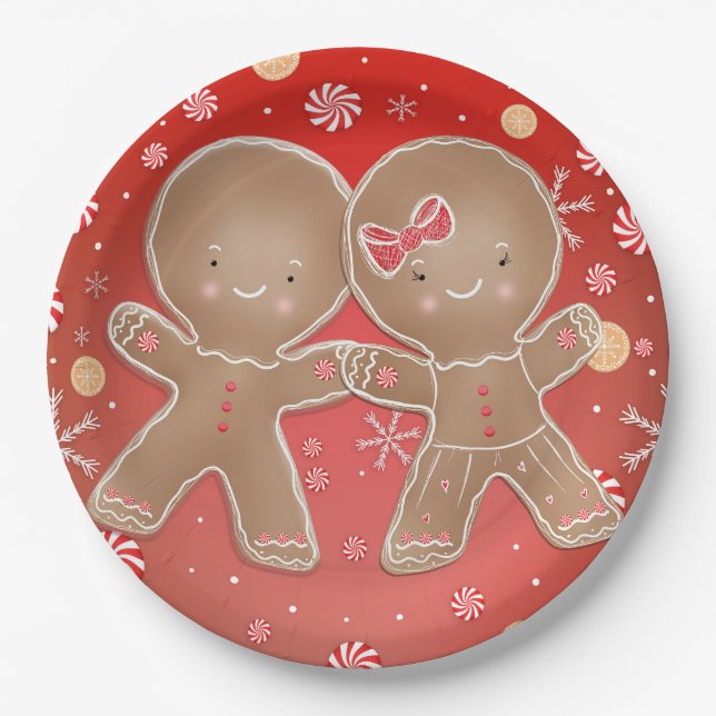Gingerbread Girl Boy Peppermint Holiday Christmas Paper Plates (Front)