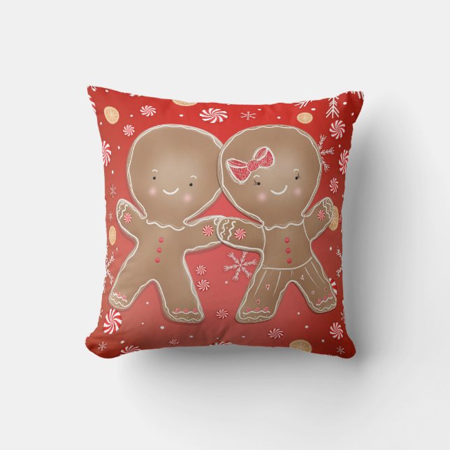 Gingerbread Girl Boy Peppermint Holiday Christmas Throw Pillow (Front)
