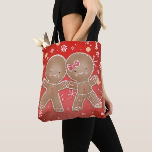 Gingerbread Girl Boy Peppermint Holiday Christmas Tote Bag