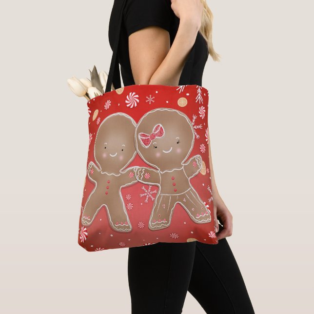 Gingerbread Girl Boy Peppermint Holiday Christmas Tote Bag (Close Up)