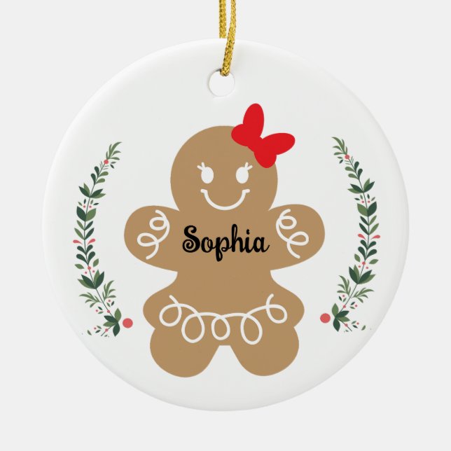 Gingerbread Girl Custom Christmas Holiday Ceramic Ornament (Front)
