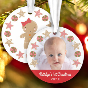 Gingerbread Girl Red Baby First Christmas Photo Ornament