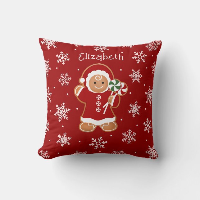 Gingerbread Girl with Peppermint Lollipops Throw Pillow (Front)