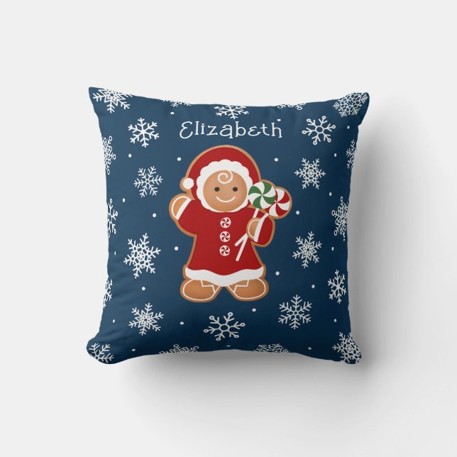 Gingerbread Girl with Peppermint Lollipops Throw Pillow (Front)
