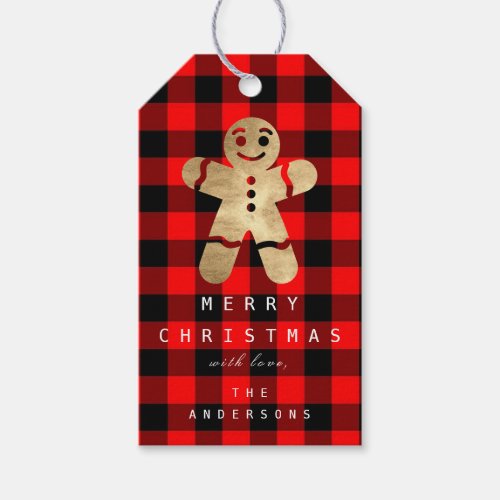 Gingerbread Gold Merry Happy Holiday Buffalo Plaid Gift Tags