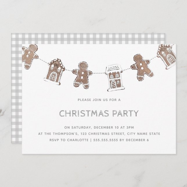 Gingerbread Gray Gingham Christmas Party Holiday Invitation (Front/Back)