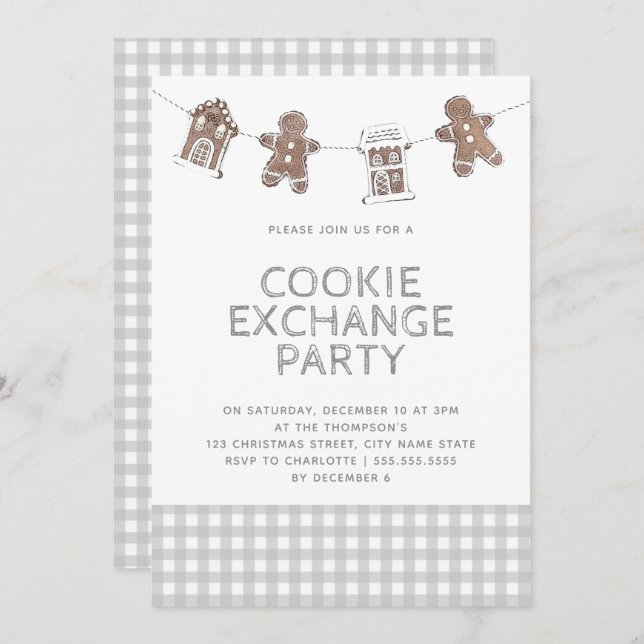 Gingerbread Gray Gingham Cookie Exchange Swap Invitation (Front/Back)