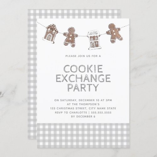 Gingerbread Gray Gingham Cookie Exchange Swap Invitation